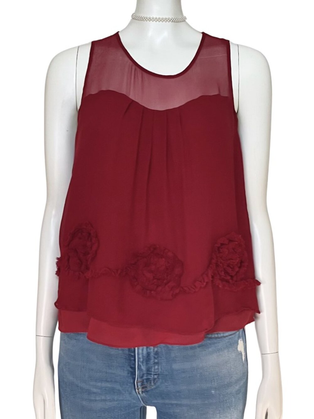 Vintage Y2K Forever 21 100% Silk Red Yoke Floral Tank Top. Small. Boho Fairy